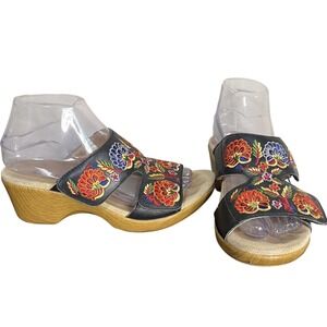Alegria Linn Black Leather Floral Embroidered‎ Wedge Sandals Comfort Size 38